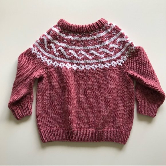 Girls Hand Knit Dusty Rose White Fairisle Sweater - Picture 5 of 7